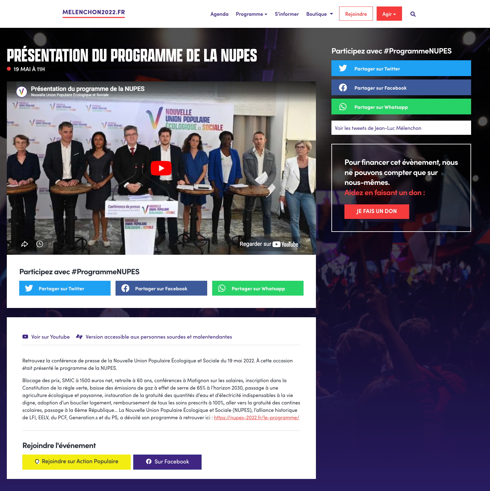 Action Populaire - Page d'événement avec boutons de partage et appel au don